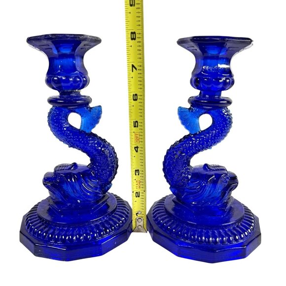 Pair of Cobalt Blue Glass Dolphin Koi Fish Candlestick Holder Hexagon Base - Picture 6 of 8